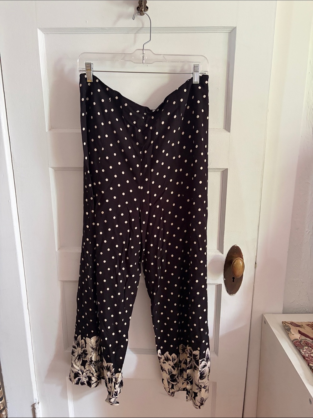 Anthropologie Black Polka Dot Wide-Leg Pants with Floral Hem